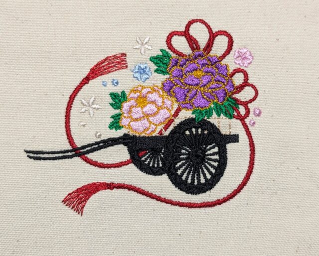 『日本の伝統刺繍CD』の花車の刺繍試し縫い